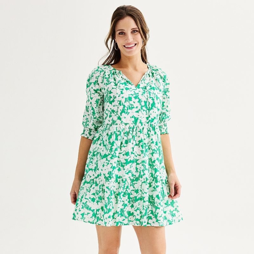 Sonoma Dress Women Large Green White Floral Cotton Lined Cottagecore Summer